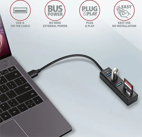 AXAGON HMA-CR3A, USB 3.rozbočovač 2. generácie, 3x porty USB-A + čítačka kariet SD/microSD, kov, 20 cm kábel USB-A
