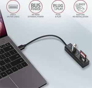 AXAGON HMA-CR3A, USB 3.rozbočovač 2. generácie, 3x porty USB-A + čítačka kariet SD/microSD, kov, 20 cm kábel USB-A