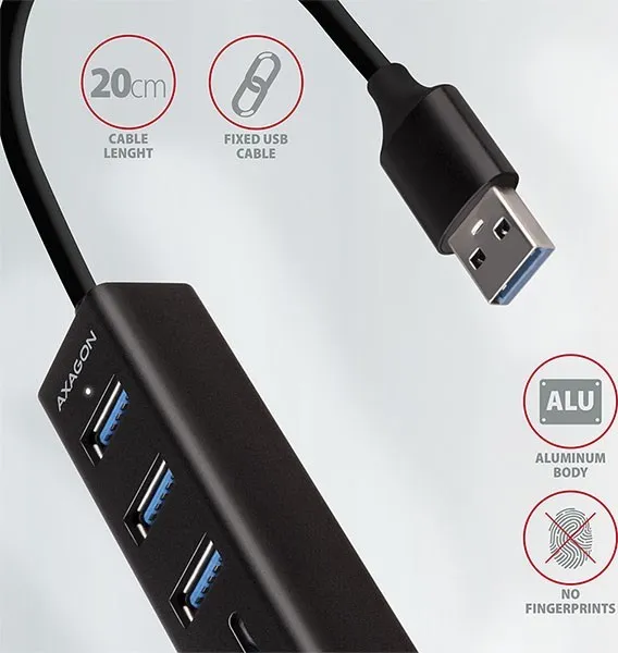 AXAGON HMA-CR3A, USB 3.rozbočovač 2. generácie, 3x porty USB-A + čítačka kariet SD/microSD, kov, 20 cm kábel USB-A