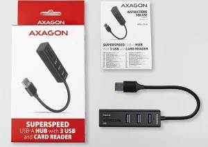 AXAGON HMA-CR3A, USB 3.rozbočovač 2. generácie, 3x porty USB-A + čítačka kariet SD/microSD, kov, 20 cm kábel USB-A
