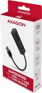 AXAGON HMA-CR3A, USB 3.rozbočovač 2. generácie, 3x porty USB-A + čítačka kariet SD/microSD, kov, 20 cm kábel USB-A