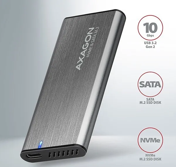AXAGON EEM2-SG2, USB-C 3.2 Gen 2 - M.2 NVMe a SATA SSD kovový RAW box, bez skrutiek, strieborný