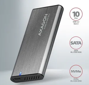 AXAGON EEM2-SG2, USB-C 3.2 Gen 2 - M.2 NVMe a SATA SSD kovový RAW box, bez skrutiek, strieborný