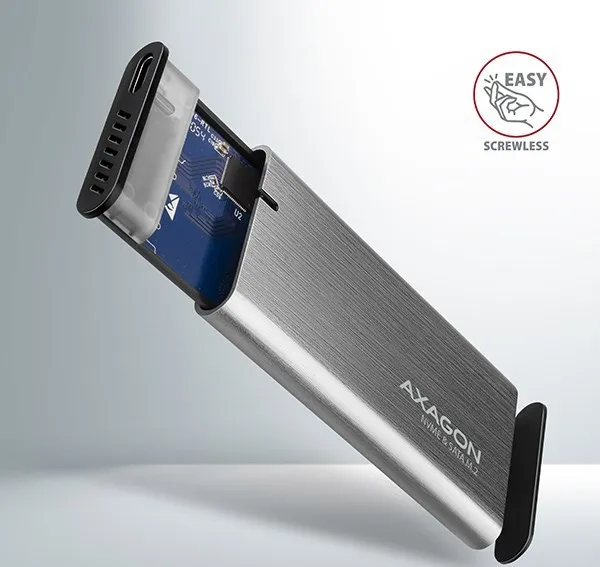 AXAGON EEM2-SG2, USB-C 3.2 Gen 2 - M.2 NVMe a SATA SSD kovový RAW box, bez skrutiek, strieborný