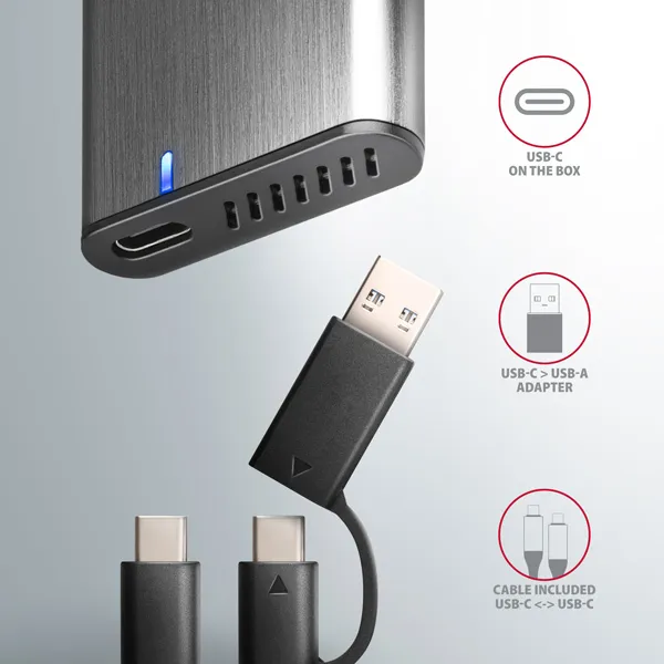 AXAGON EEM2-SG2, USB-C 3.2 Gen 2 - M.2 NVMe a SATA SSD kovový RAW box, bez skrutiek, strieborný