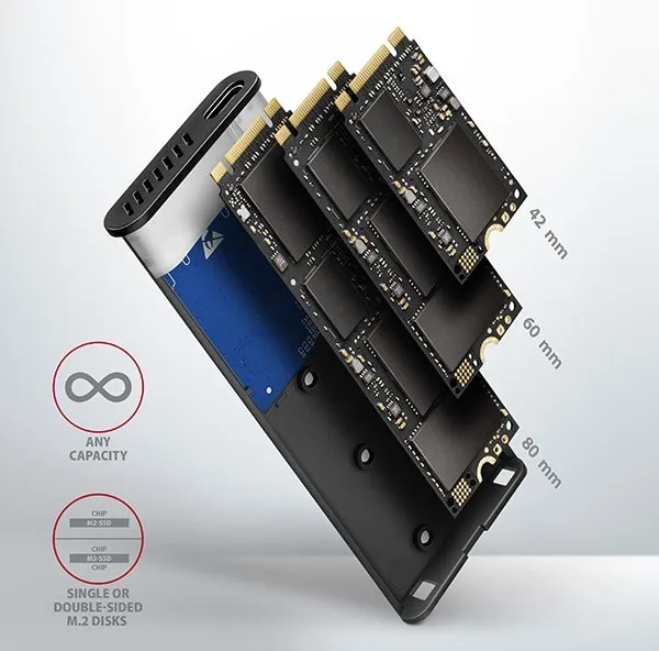 AXAGON EEM2-SG2, USB-C 3.2 Gen 2 - M.2 NVMe a SATA SSD kovový RAW box, bez skrutiek, strieborný