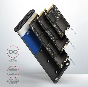 AXAGON EEM2-SG2, USB-C 3.2 Gen 2 - M.2 NVMe a SATA SSD kovový RAW box, bez skrutiek, strieborný