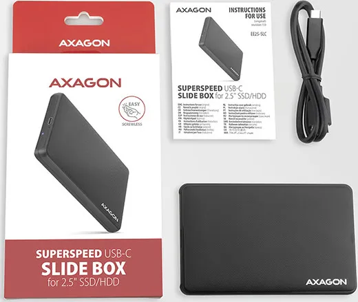 AXAGON EE25-SLC, USB-C 3.2 Gen 1 - SATA 6G 2.5" SLIDE box, bez skrutiek, čierny