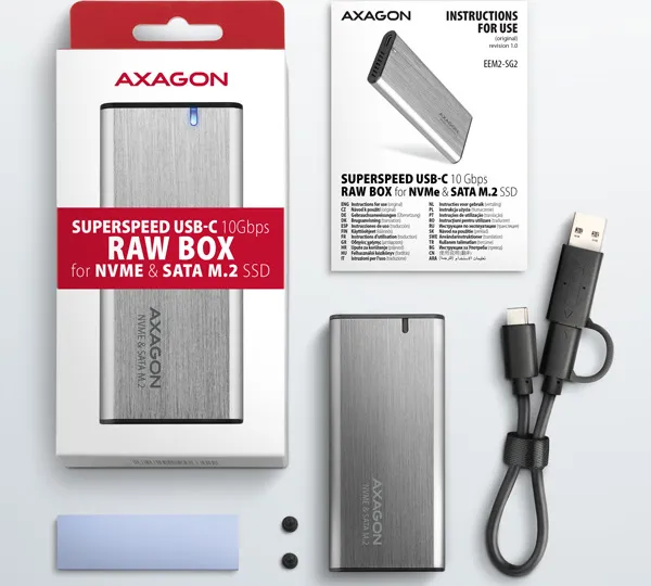 AXAGON EEM2-SG2, USB-C 3.2 Gen 2 - M.2 NVMe a SATA SSD kovový RAW box, bez skrutiek, strieborný