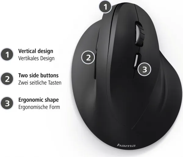 Vertikálna ergonomická drôtová myš Hama EMC-500, 6 tlačidiel, čierna