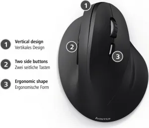 Vertikálna ergonomická drôtová myš Hama EMC-500, 6 tlačidiel, čierna