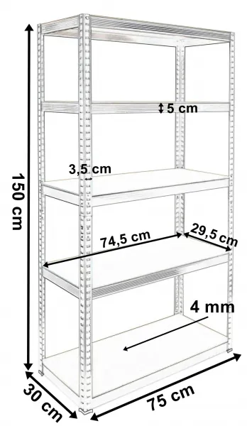 Skladovací regál 5 úrovní 625 kg 150 x 75 x 30 cm