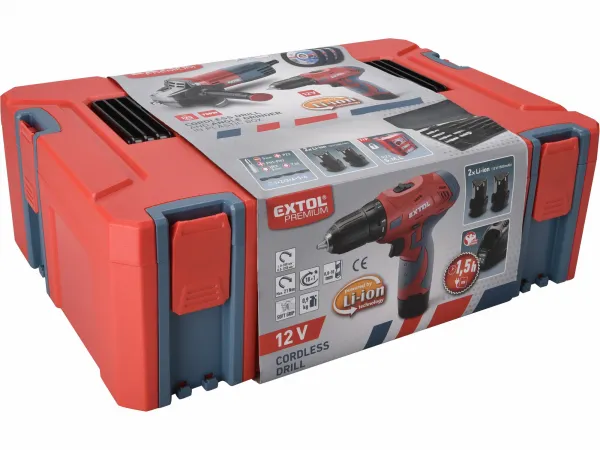 EXTOL PREMIUM 8898311 Sada elektronáradia v kufríku: aku vŕtačka 2x12V Li-ion, 1,3Ah a uhlová brúska 125mm