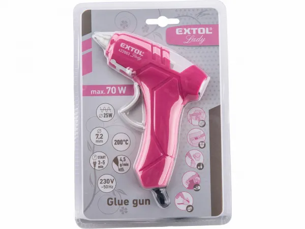 EXTOL LADY Pištoľ lepiaca tavná ružová, max. 70W, pracovný príkon 25W, tavné tyčinky pr.7,2mm