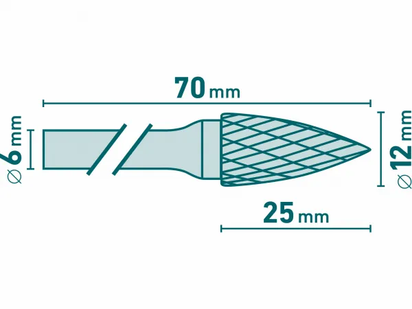 EXTOL INDUSTRIAL Fréza karbidová kovexná špicatá, pr.12mm,rez.dĺžka 25mm, stopka 6mm
