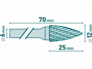 EXTOL INDUSTRIAL Fréza karbidová kovexná špicatá, pr.12mm,rez.dĺžka 25mm, stopka 6mm
