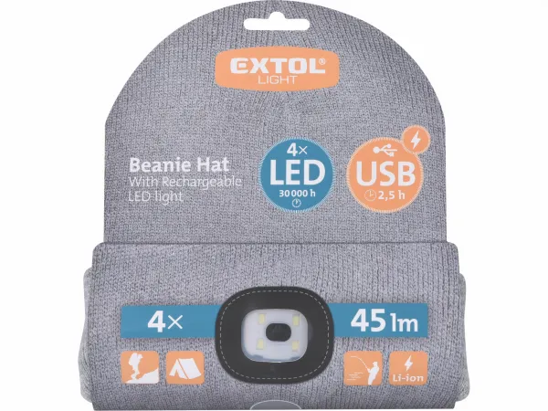 EXTOL LIGHT Čiapka s čelovým svetlom, 4xLED, 45lm, 300mAh Li-ion, sivá, nabíjanie cez USB
