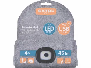 EXTOL LIGHT Čiapka s čelovým svetlom, 4xLED, 45lm, 300mAh Li-ion, sivá, nabíjanie cez USB