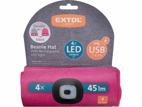 EXTOL LIGHT Čiapka sivá/ružová, obojstranná s čelovým svetlom, LED 4x45lm, 300mAh Li-ion