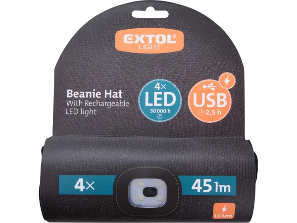 EXTOL LIGHT Čiapka čierna s čelovým svetlom, LED 4x45lm, nabíjanie cez USB
