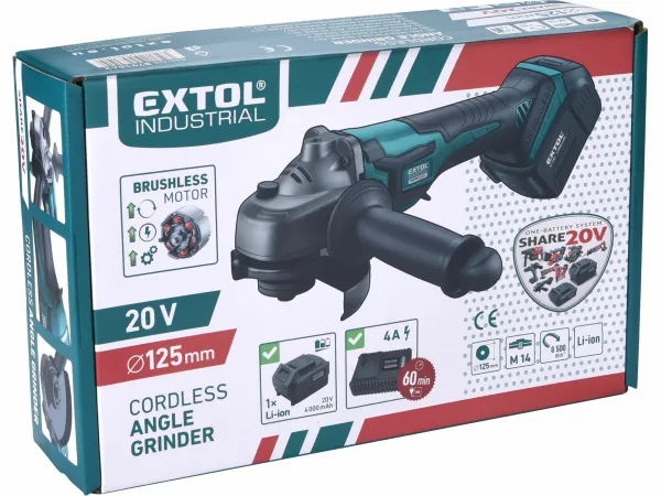 EXTOL INDUSTRIAL 8791842 Brúska uhlová akumulátorová Share20V, 125mm, bezuhlíkový motor, 1x 4Ah Li-ion, 2,4A nabíjačka, M14