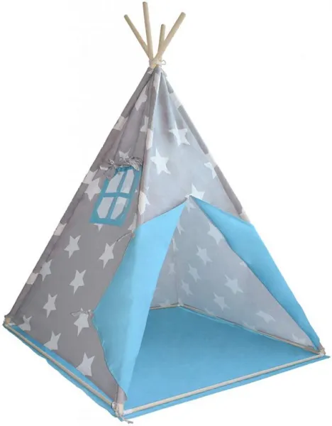 Detský stan teepee, sivo/modrý, s príslušenstvom