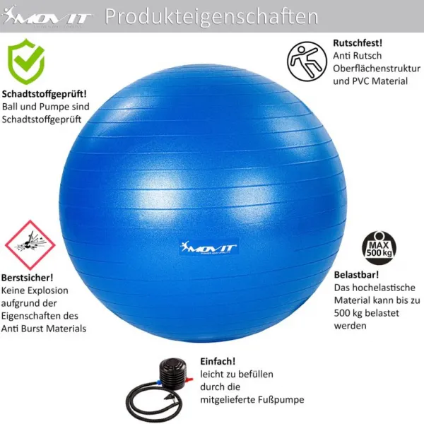 MOVIT Gymnastická lopta s nožnou pumpou, 75 cm, modrá