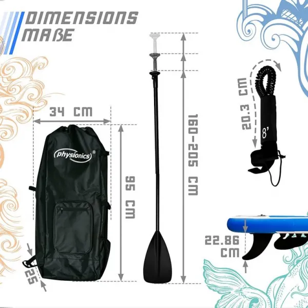 Physionics nafukovací paddleboard, 320 x 80 x 15 cm, modrý