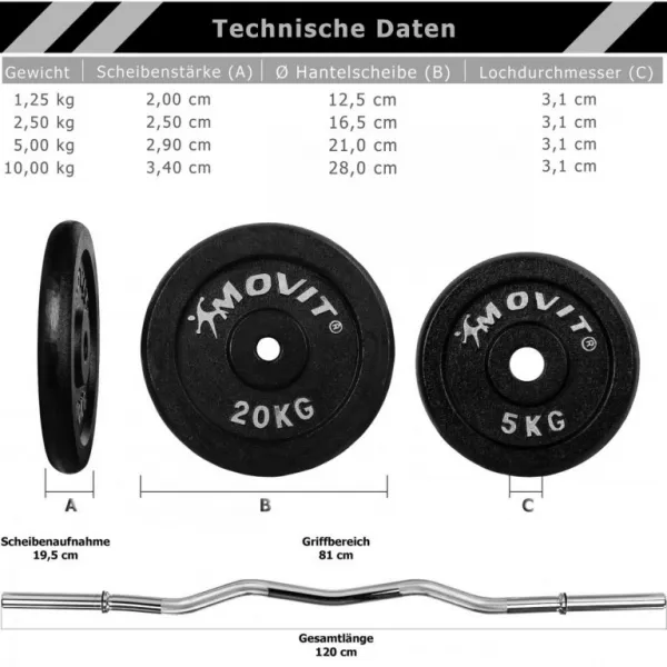 MOVIT obojručný činkový set, 120 cm, 65,5 kg