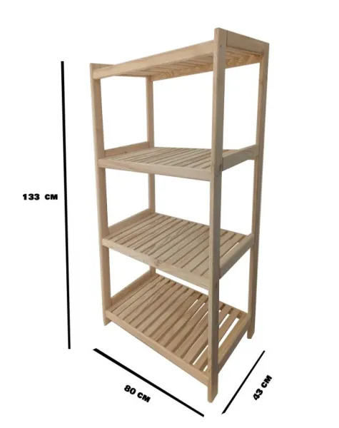 Drevený regál so 4 policami, 133 × 80 × 43 cm, borovica, CZ