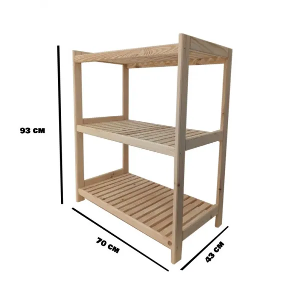 Drevený regál s 3 policami, 93 × 70 × 43 cm, borovica, česká