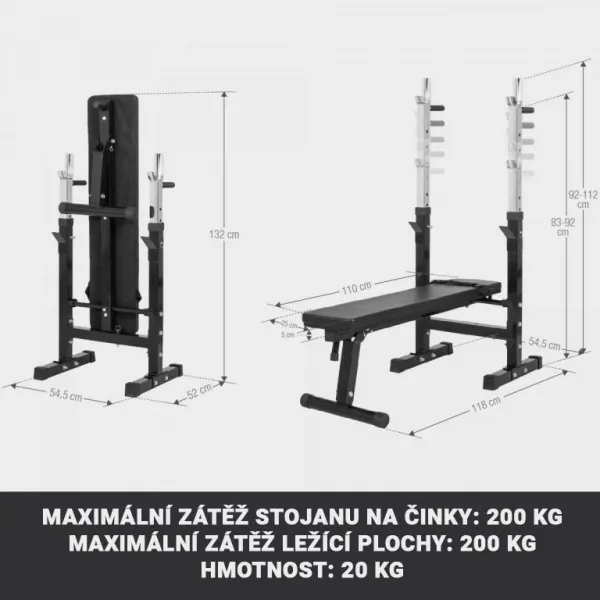 Nastaviteľná posilňovacia lavica s držiakom na činky, čierna