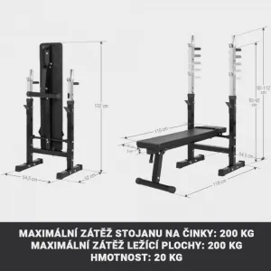 Nastaviteľná posilňovacia lavica s držiakom na činky, čierna