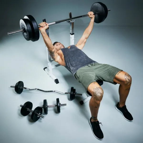 Gorilla Sports Posilňovacia lavica + nakladací set, 100 kg