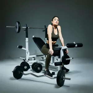 Nastaviteľná fitness lavica s curl stanicou a kladkou, biela