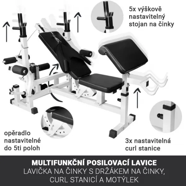 Nastaviteľná fitness lavica s curl stanicou a kladkou, biela