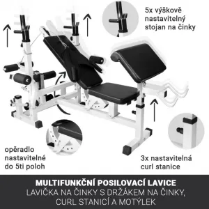Nastaviteľná fitness lavica s curl stanicou a kladkou, biela