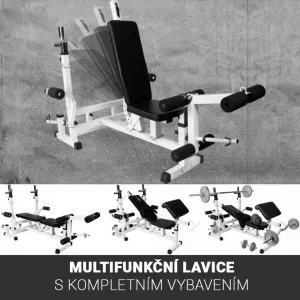 Nastaviteľná fitness lavica s curl stanicou a kladkou, biela