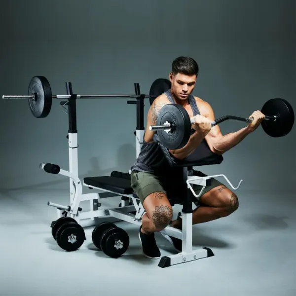 Nastaviteľná fitness lavica s curl stanicou a kladkou, biela