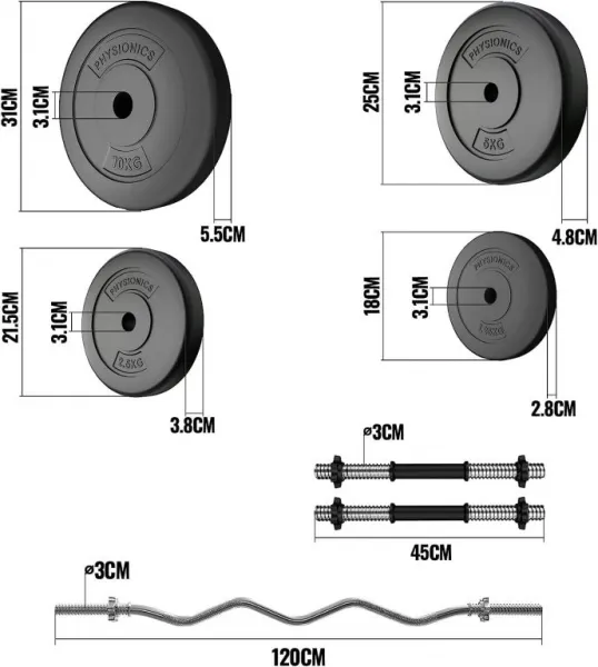 PHYSIONICS Vzpieračský set so závažím, hviezd. zámky, 76 kg