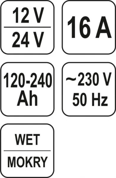 YATO PROSTITUTOR S PODPOROU NABÍJANIA 16A 12V / 24V 120 - 240Ah YT-8304