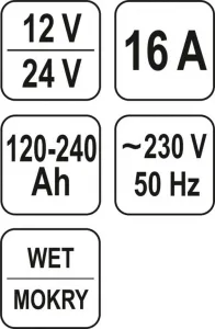YATO PROSTITUTOR S PODPOROU NABÍJANIA 16A 12V / 24V 120 - 240Ah YT-8304