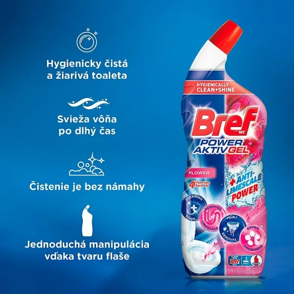 Bref Power Aktiv Gél WC čistič s efektom osviežovača vzduchu - flower 700 ml
