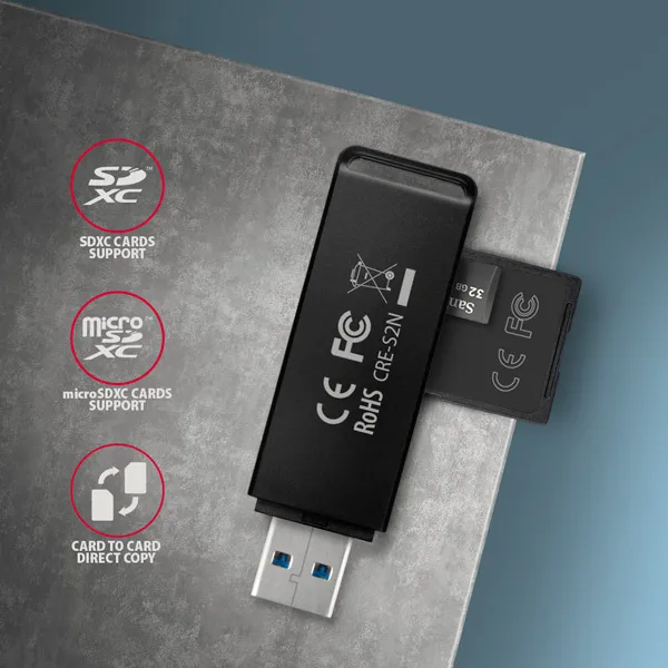 AXAGON CRE-S2N, USB-A 3.2 Gen 1 - čítačka kariet SUPERSPEED, 2-slotová a lun SD/microSD, podpora UHS-I