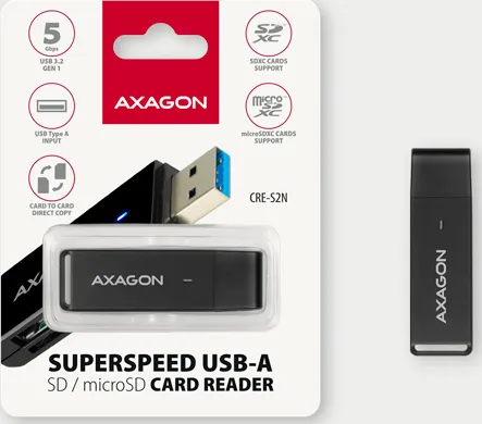AXAGON CRE-S2N, USB-A 3.2 Gen 1 - čítačka kariet SUPERSPEED, 2-slotová a lun SD/microSD, podpora UHS-I
