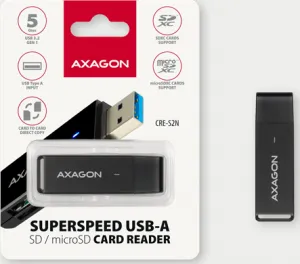 AXAGON CRE-S2N, USB-A 3.2 Gen 1 - čítačka kariet SUPERSPEED, 2-slotová a lun SD/microSD, podpora UHS-I