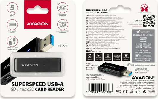 AXAGON CRE-S2N, USB-A 3.2 Gen 1 - čítačka kariet SUPERSPEED, 2-slotová a lun SD/microSD, podpora UHS-I