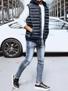 Trendová prešívaná pánska vesta s kapucňou modrá