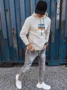 Mikina s kapucňou a potlačou pre pánov béžová