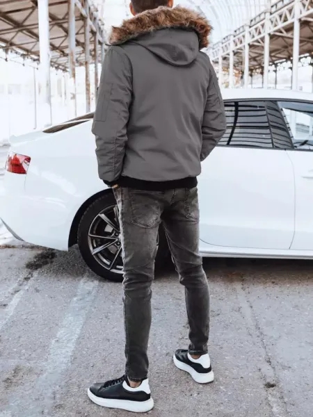 Tmavošedá pánska bunda na zimu s kapucňou